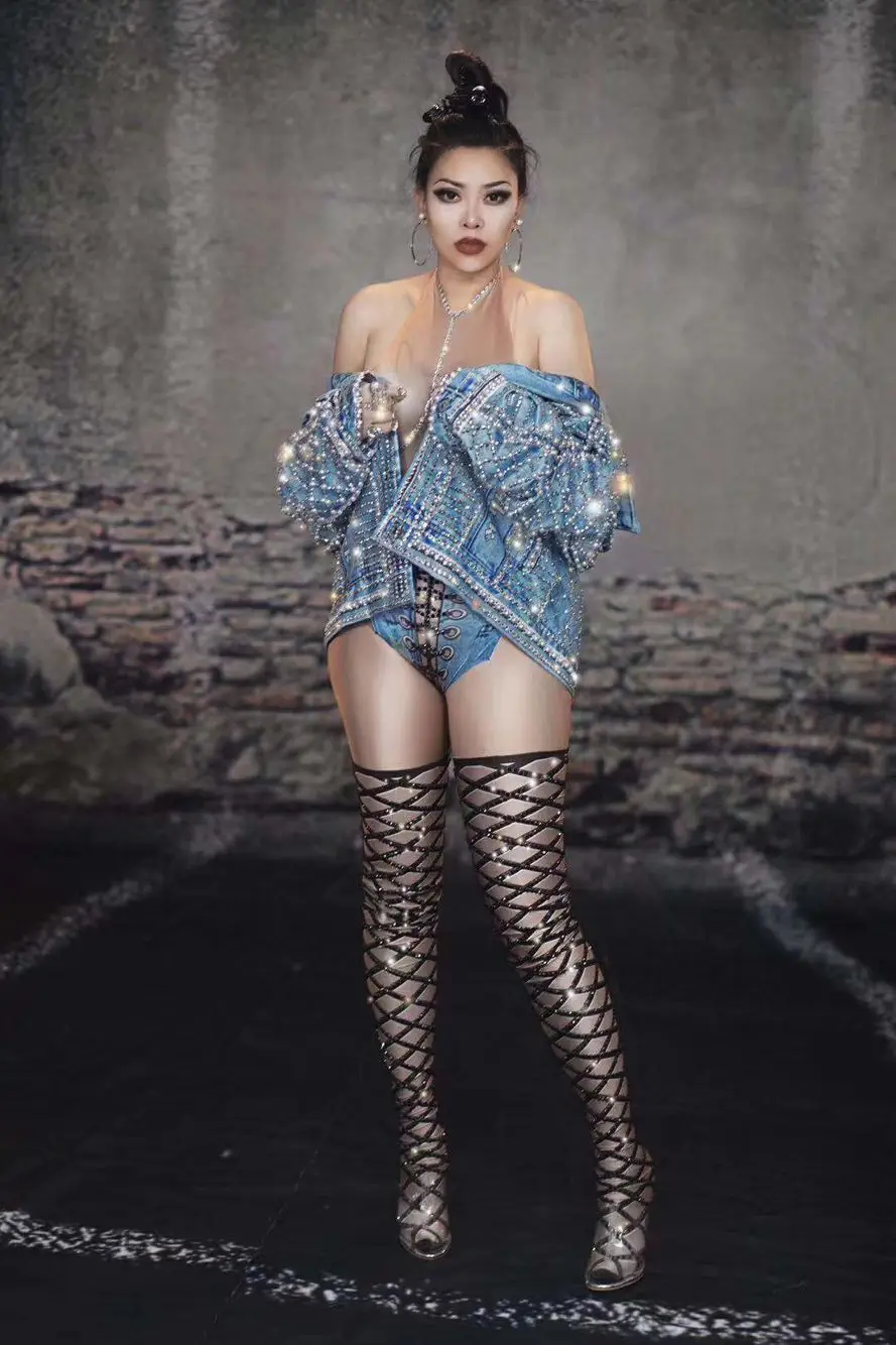 Блестящее голубое Ковбойское пальто Стразы с жемчужными бусинами джинсовая