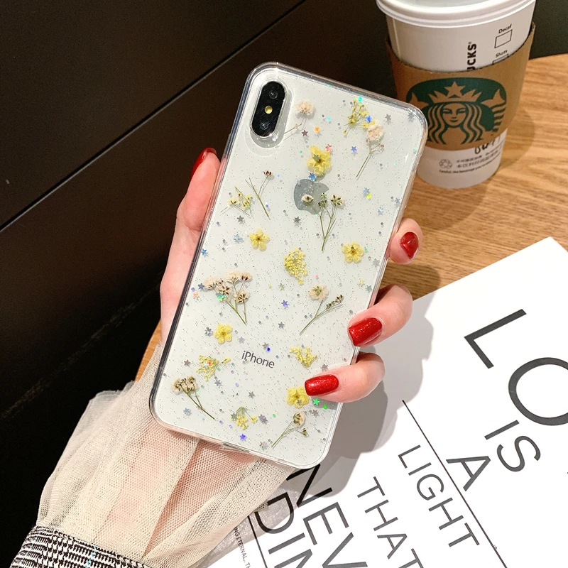 Прозрачный мягкий чехол из ТПУ с настоящими цветами для телефона iPhone 12 11 Pro Max X XS XR