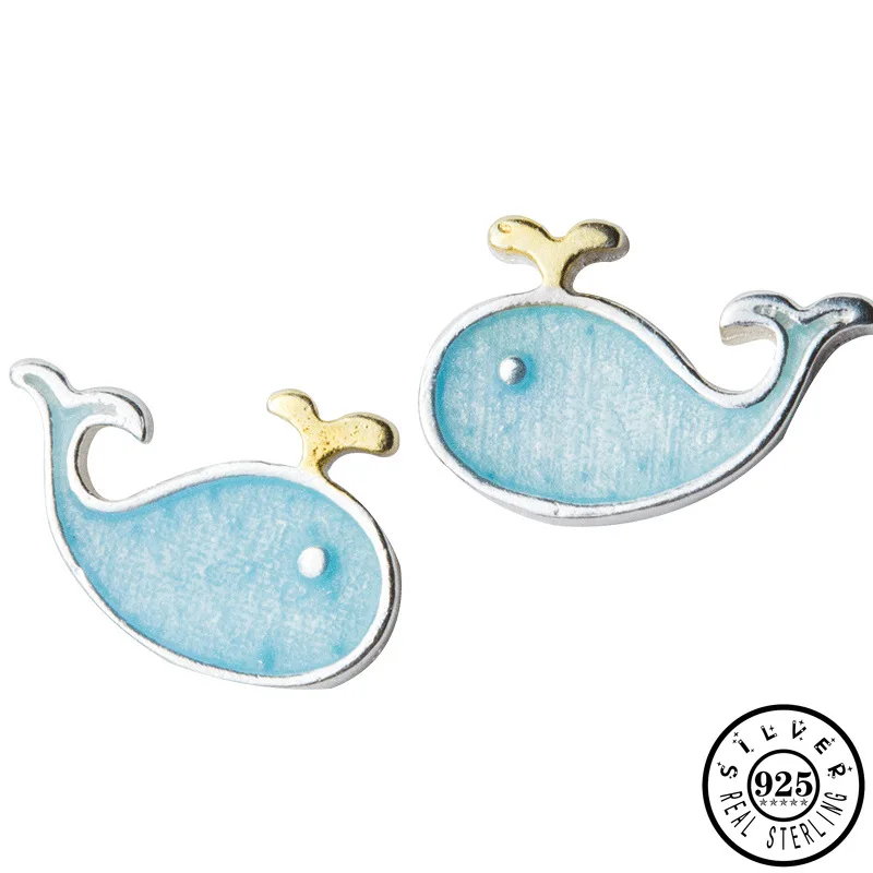 

925 Sterling Silver Small Cute Blue Whale Shape Korean Lovely Animal Ear Studs Earrings Fine Jewelry for Women Girls Lady