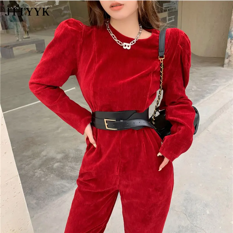 

Spring Autumn One Piece Outfit Corduroy Jumpsuit Women Long Sleeve Office Jumpsuit Overalls Women Bodysuit Elegant Matching Belt