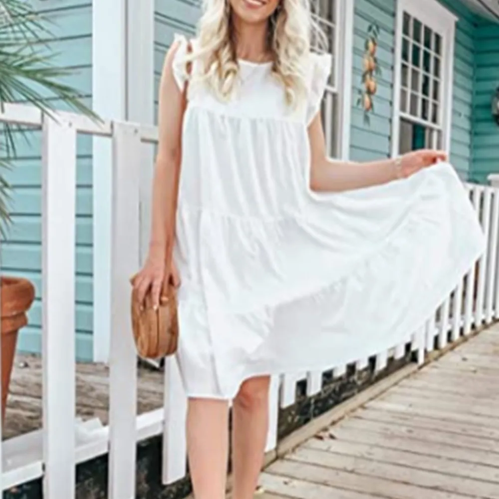 

Women's Summer Mini Dress Ruffle Sleeve Round Neck Solid Color Loose