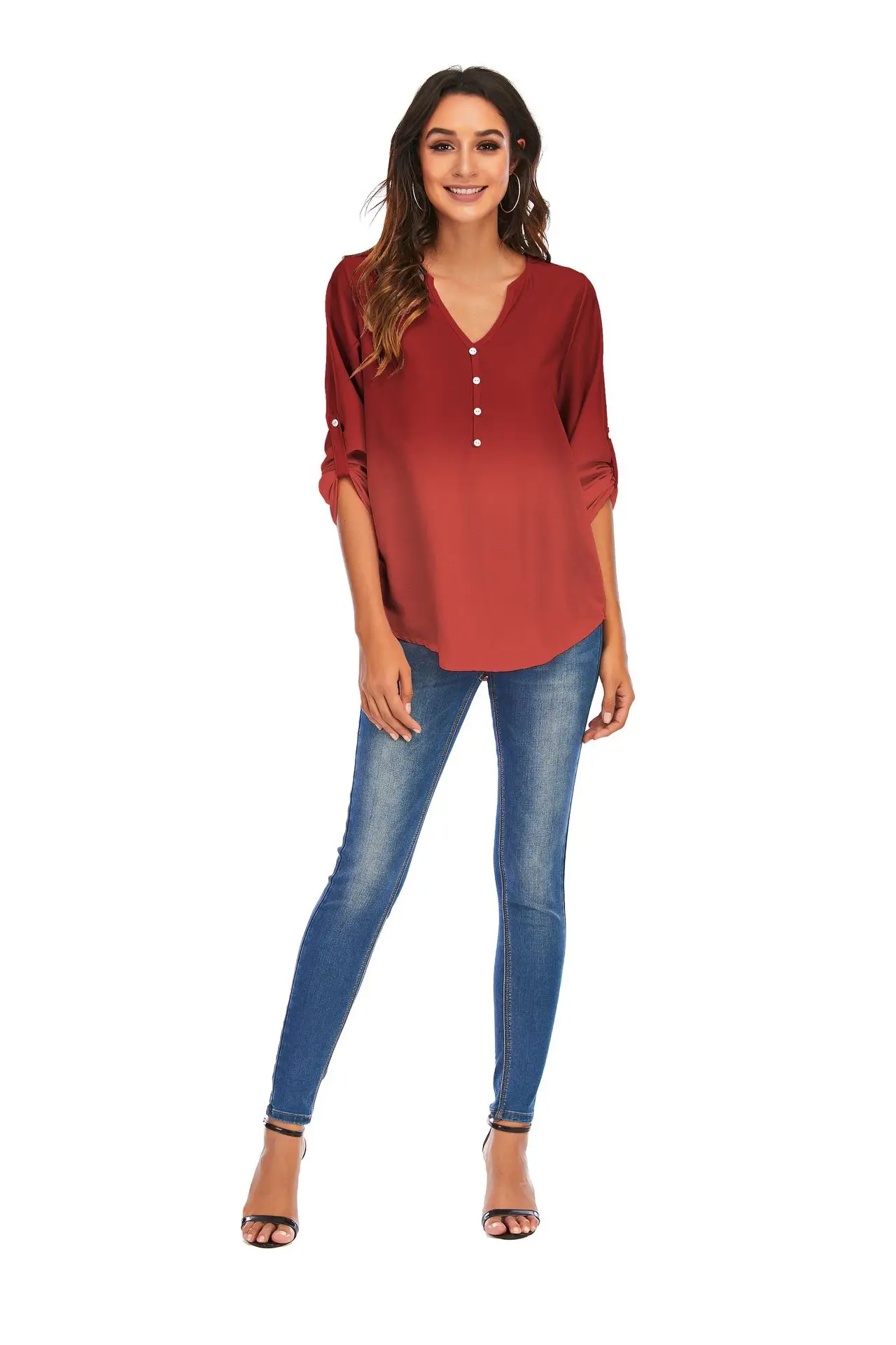 

2021 Long Sleeve V-neck Gradient Print Loose Chiffon Blouse Top blouses