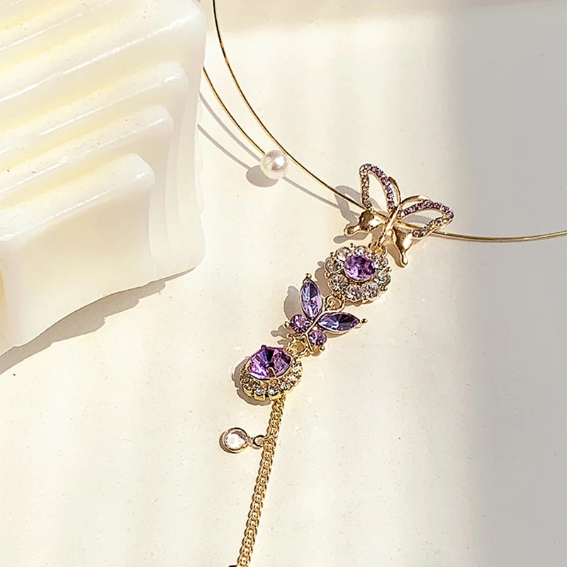 

2021 New Women Jewelry Purple Crystal Butterfly Pendant Necklace Statement Crystal Charm Choker Necklace for Woman Gift