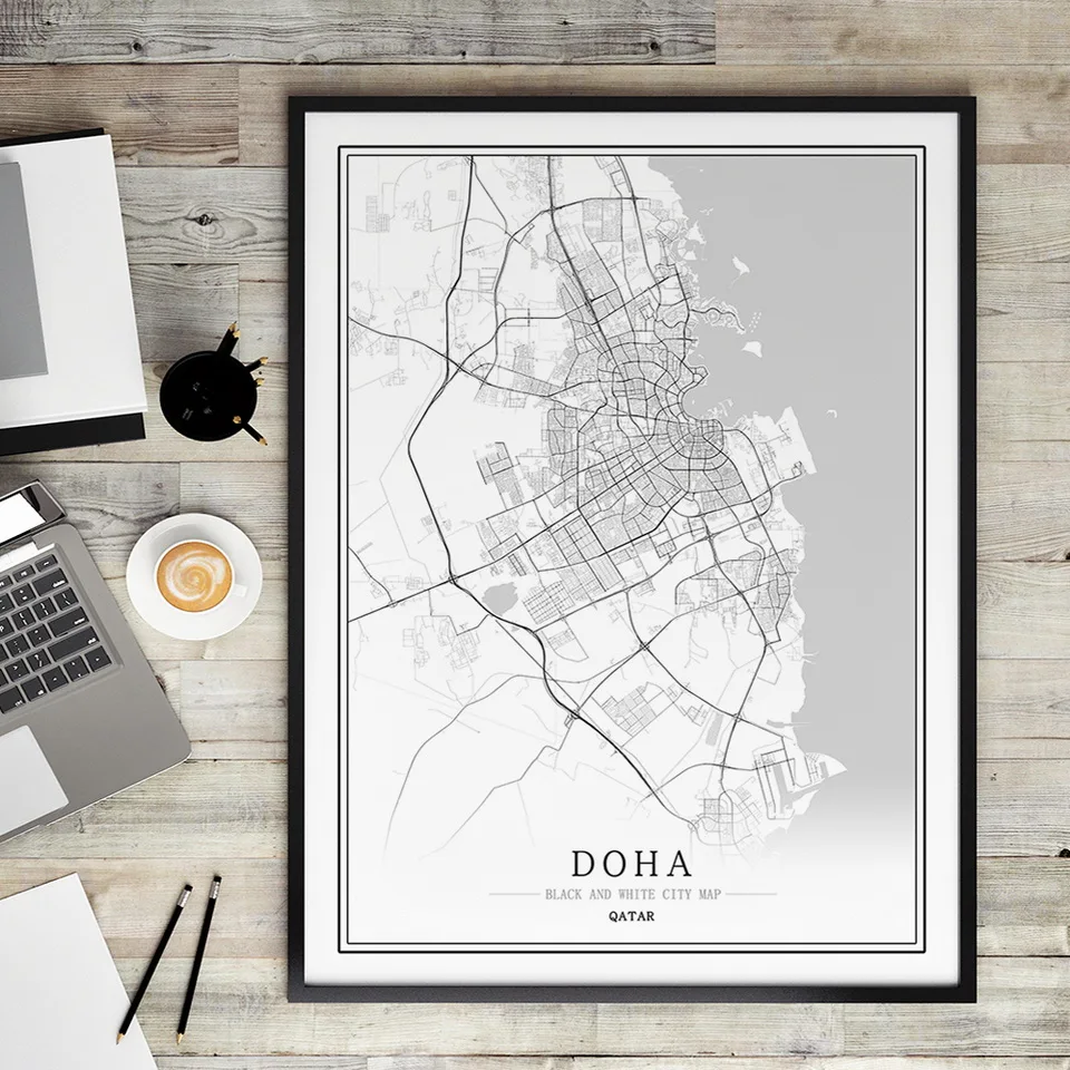 Катар черно-белая карта города постер нордическая гостиная Доха настенное