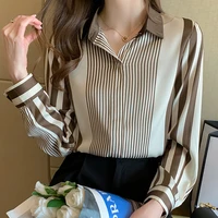 turn down collar print striped blouse women spring autumn chiffon long sleeve top mujer 2021 all match open stitch blouses femme