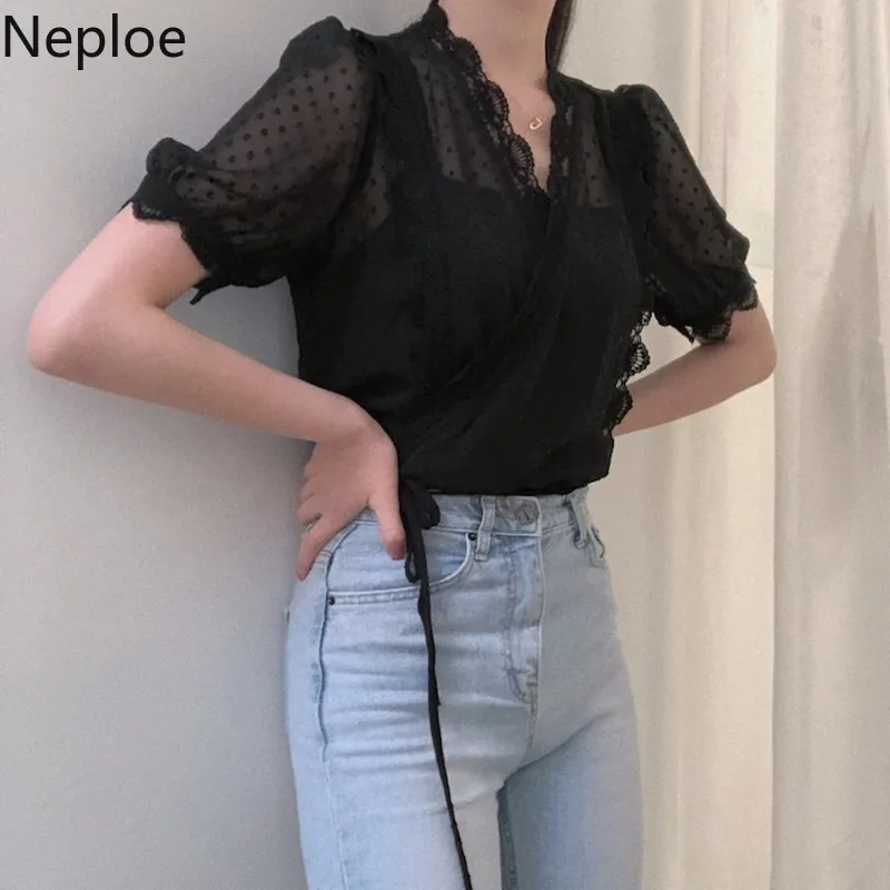 Женская блузка с цветочным принтом Neploe кружевная v-образным вырезом и пышными