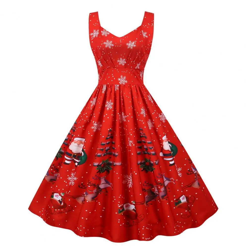 

Party Dress woman 2021 Square Neck Sleeveless Large Hem Santa Claus Snowman Elk Print Xmas Dress Ladies Clothes vestido feminino