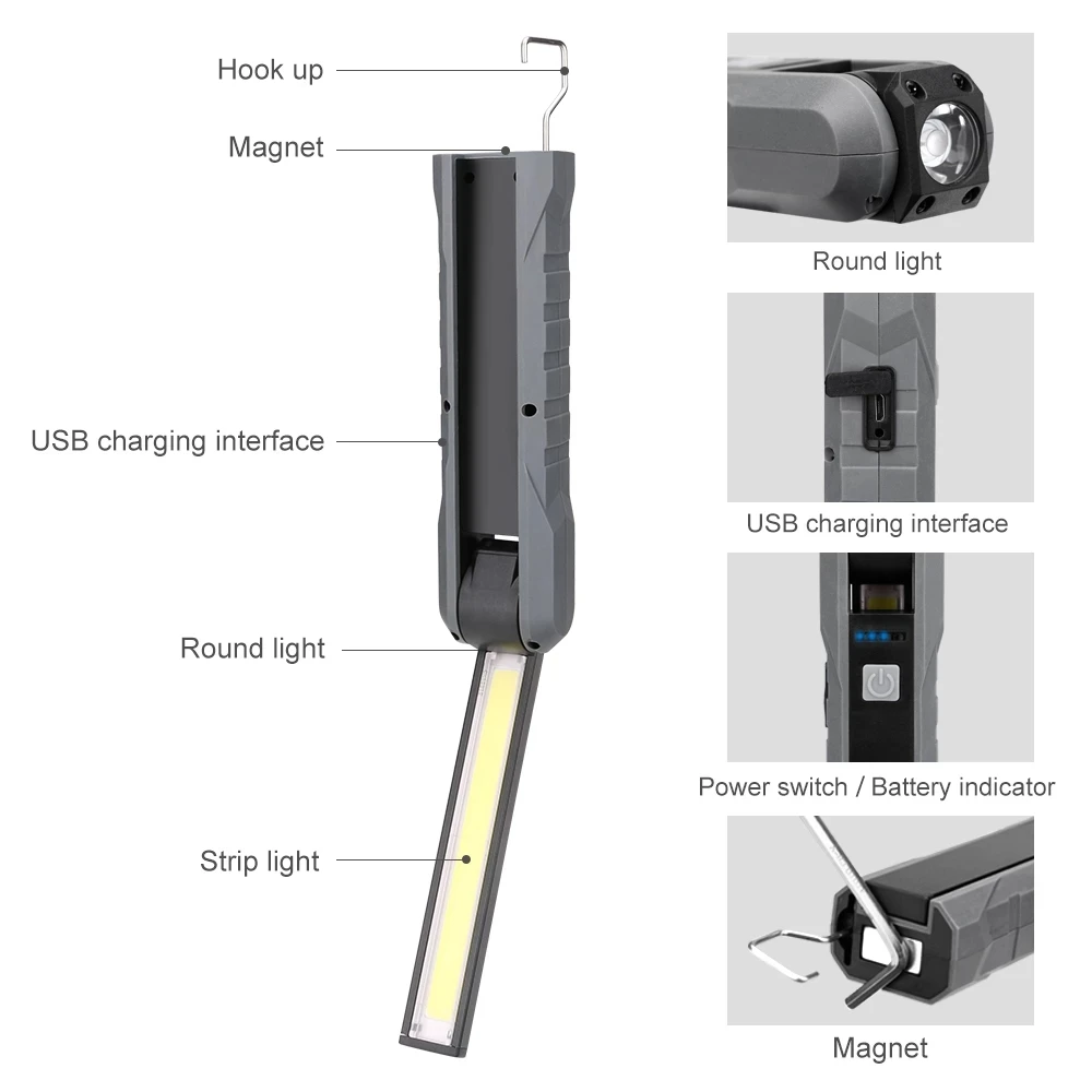 Portable LED COB Work Light USB Rechargeable Flashlight Magnetic Torch Flexible Inspection Hand Lamp Worklight Outdoor Spotlight