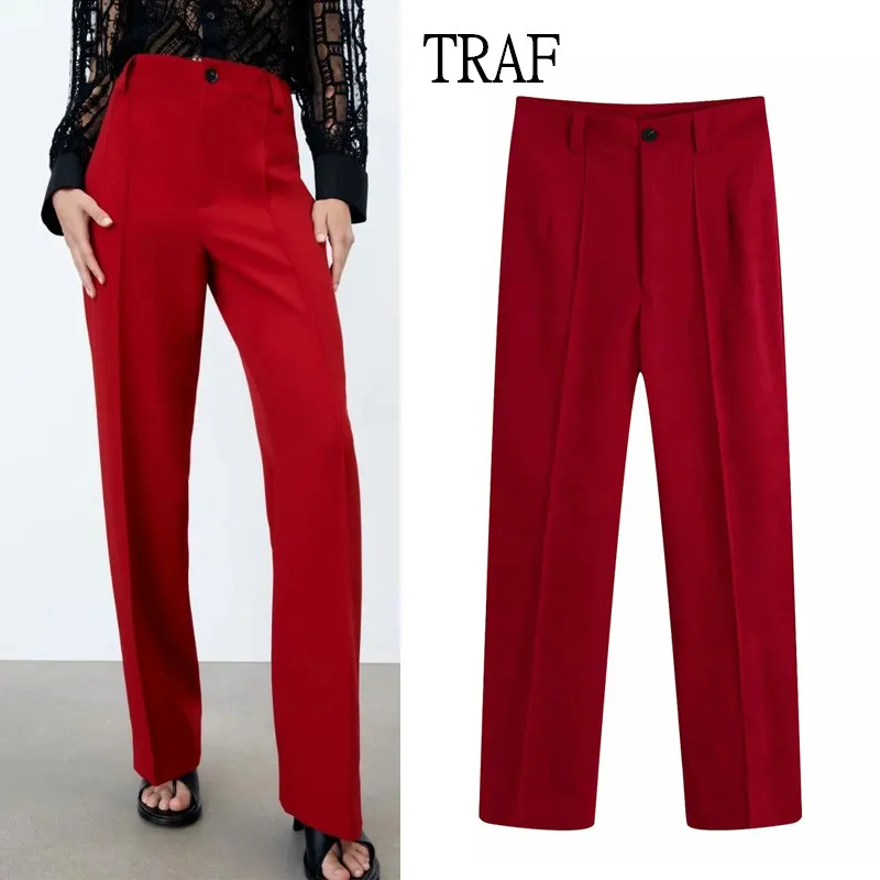 

TRAF Women Pants 2021 Autumn Red Straight Pants Woman Vintage High Waist Zipper Office Lady Trouser Suits For Women Trousers