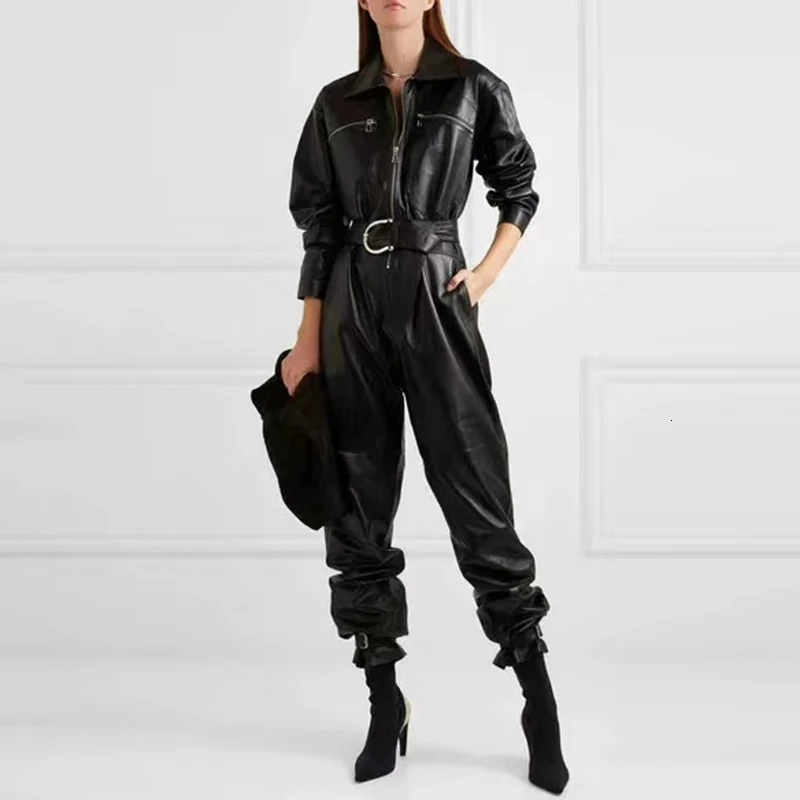 TWOTWINSTYLE Повседневный женский комбинезон из искусственной кожи с воротником с лацканами и длинным рукавом с высокой талией Комбинезон прямого силуэта Женская мода Новинка