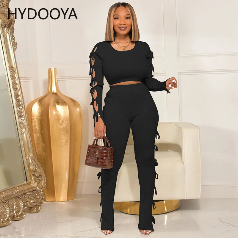 

Hipster Ribbed Knitted Two Piece Set Women's Tracksuit Sexy Backless Long Sleeve Sweater Top and Side Hollow Out Bandage Trouser