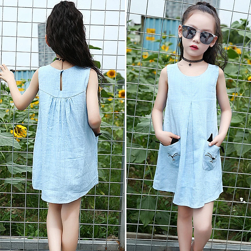 Детское хлопковое платье для девочек летнее синее желтое с мультяшным котом 3-12