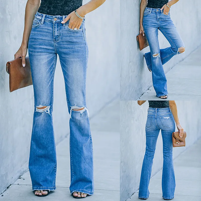 

Autumn Women Casual Bootcut Jeans with Pockets and Broken Holes Ladies Female Retro Vinatge Blue Solid Color Flared Trousers