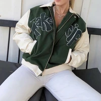 grass green letter applique jacket women pu leather bomber jackets coat take a trip house female of sunny autumn baseball jacket