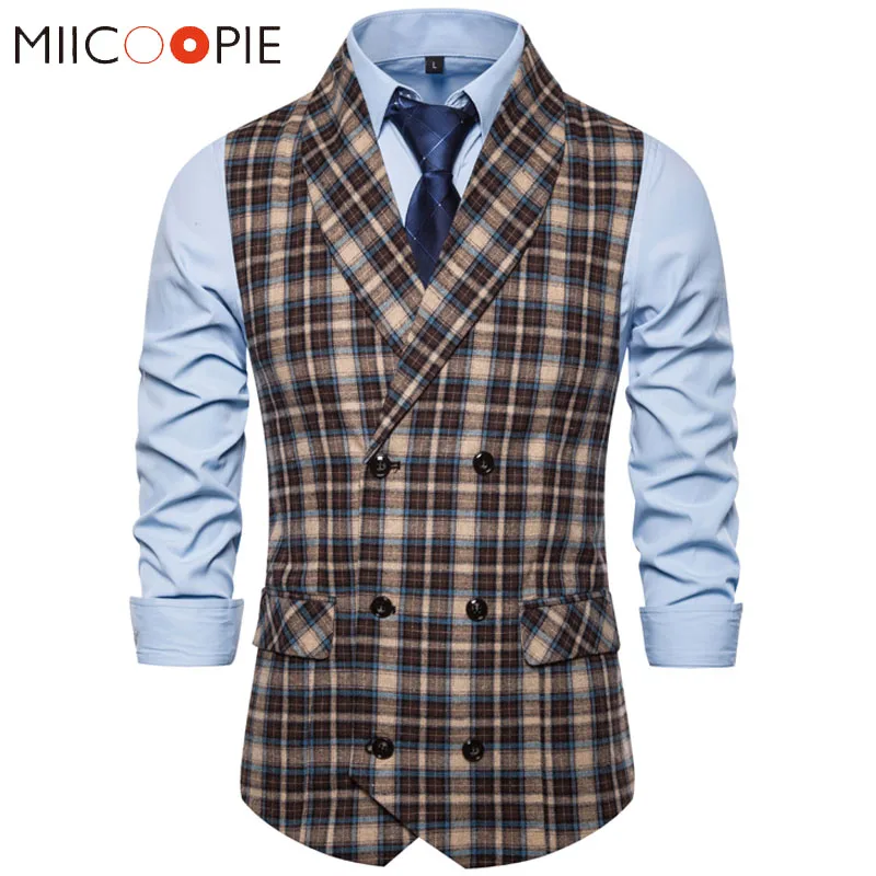 Деловой двубортный мужской костюм повседневный жилет в полоску клетку с поясом