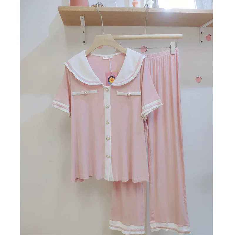 

Pajamas Lady Korean Sweet Elegant Lapel Pearl Buckle Cardigan Nightwear Knitted Cotton Short-Sleeved Trousers Sleepwear 2pcs Set