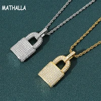 mathalla fashion hiphop jewelry white gold plated brass mens iced out 5a cubic zircon lock pendant cz necklace with rope chain