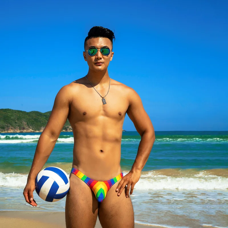 

2020 new sexy rainbow print tight low waist swimwear gay bikini men swim trunks briefs men different penis pouch size swimsuits