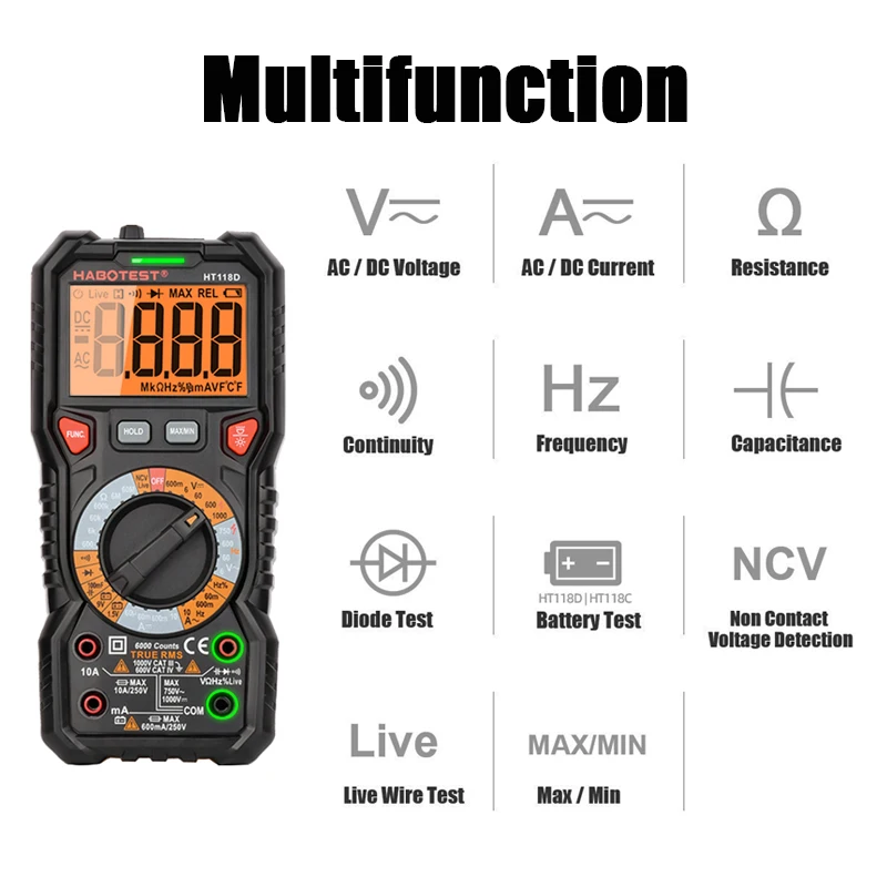 HT118D Digital Multimeter Professional True RMS Manual Range Avometer 6000 Counts Hz Ohm Capacitance Battery Tester HABOTEST