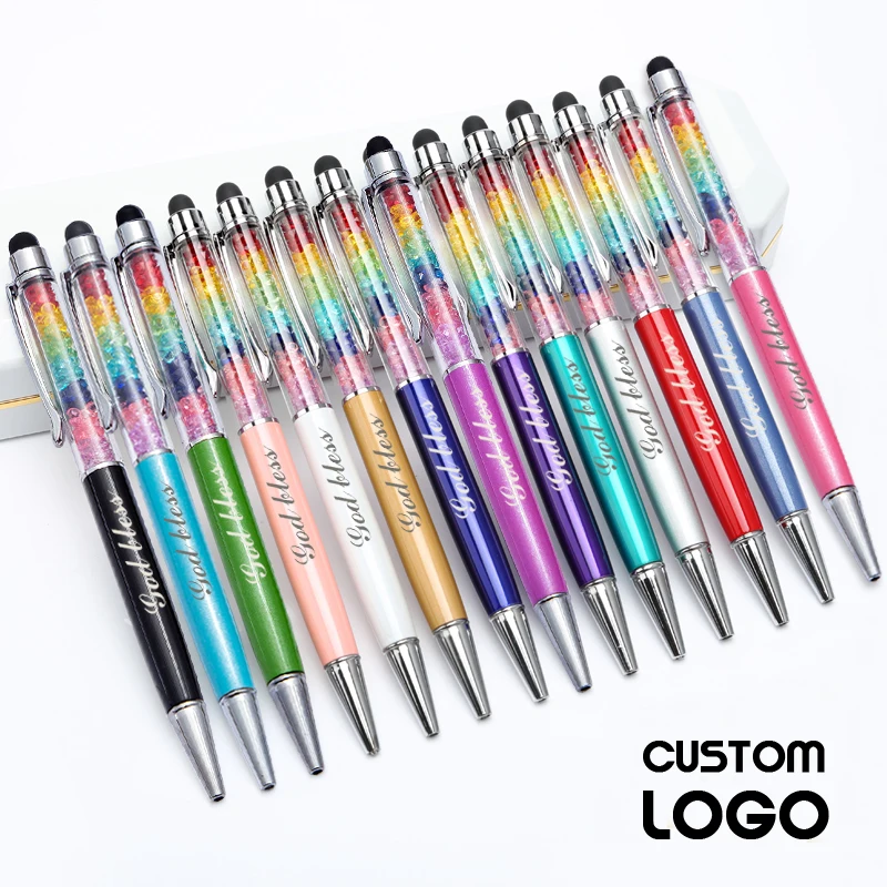 

NEW Customized Logo Rainbow Crystal Ballpoint Pens Cute Creative DIY Korea Pen Office Student Lettering Names Touch Screen Pens
