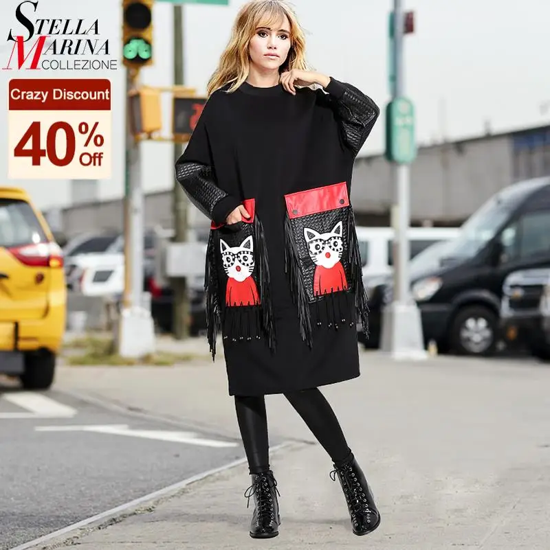 

New Woman Winter Unique Style Black Dress Plus Size Midi PU Long Sleeve Cartoon Pocket Fringes Ladies Cute Large Dress Robe 3084