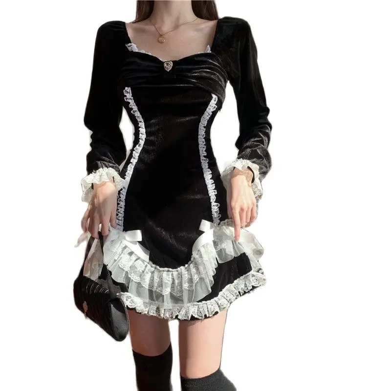 

Dress Female Autumn French Retro Lace Long-sleeved High Waist Thin Velvet Slim Bodycon Black Fashion Harajuku Dresses