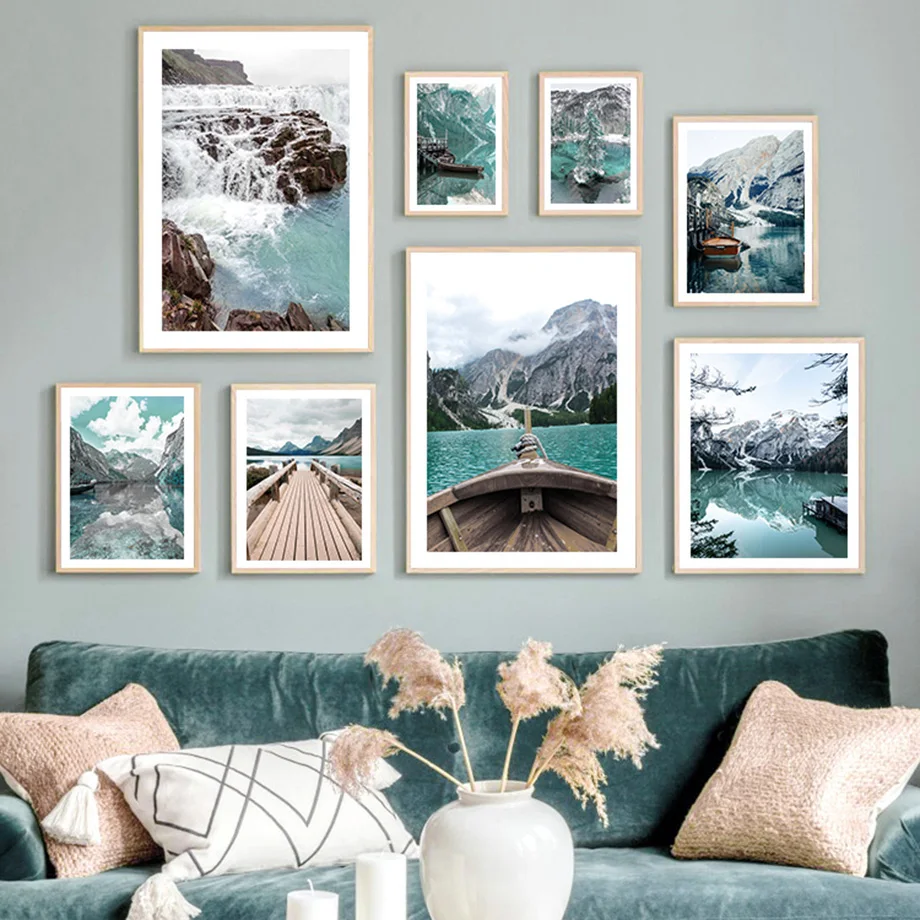 

Lake Louise Pier Bridge Boat Waterfall Mountain Pine Tree Nordic Wall Art Canvas Painting Posters And Prints Living Room Decor