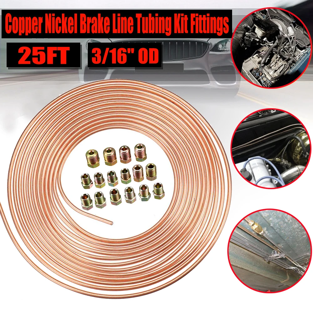 25Ft Brake Line Fittings Roll Coil 3/16" OD Copper Nickel Brake Line Tubing Kit with Fittings Braided Front Break Hose