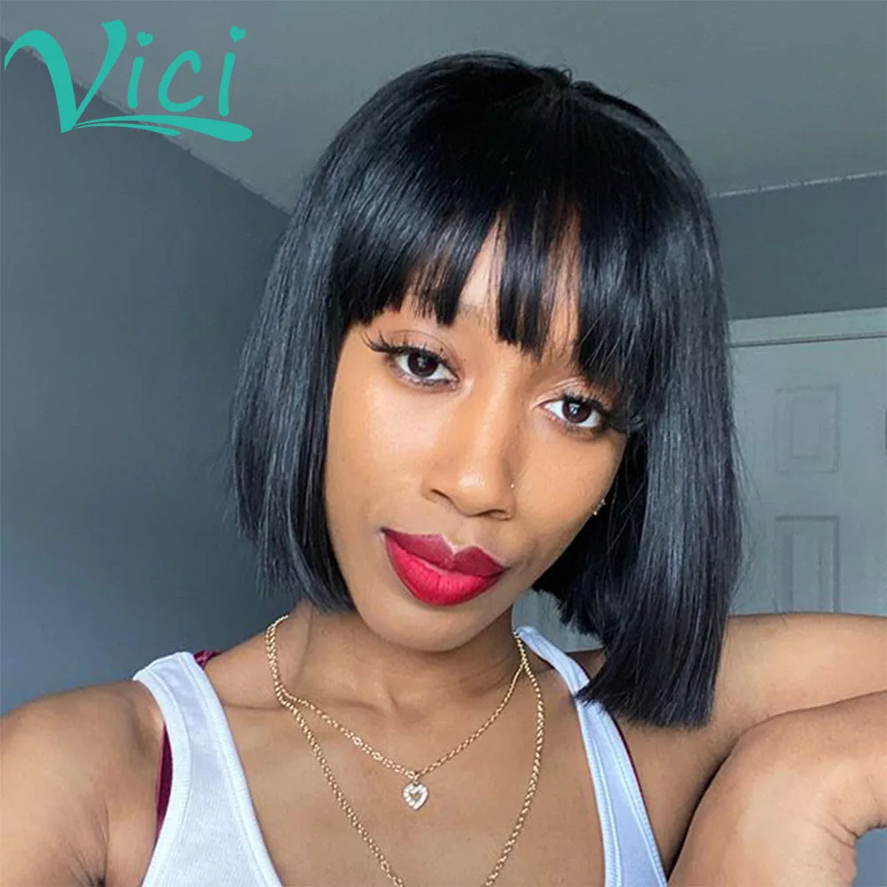 Short Human Hair Wigs With Bangs Highlight Blunt Cut Bob Wig Pre Plucked Baby For Black Women Full Machine Made | Шиньоны и парики