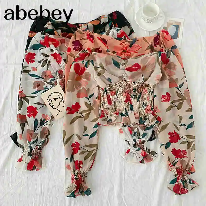 

2021 New Spring Summer Temperament All-match Puff sleeve floral Blouse ruched slim Chiffon Shirt Top
