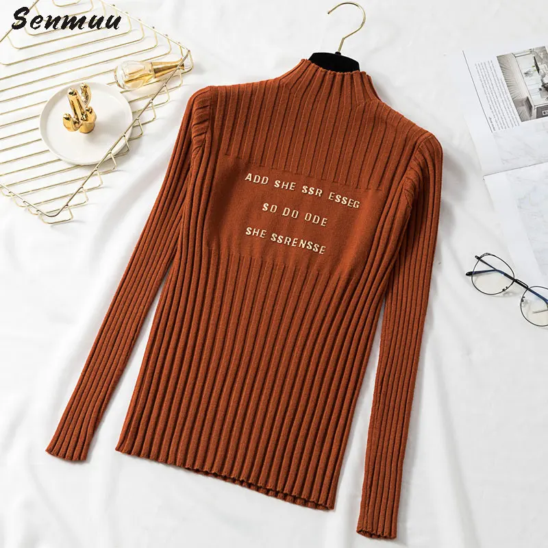 INS 2019 Autumn Women Ladies Turtleneck Soft Letters Sweater Femme Korean Pull Tight Knit Ribbed Jumper Knitwear Top | Женская одежда