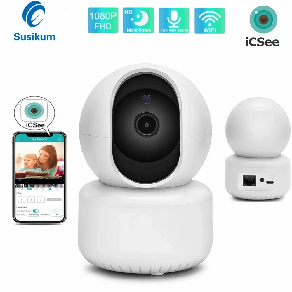 

Домашняя Wi-Fi IP-камера ICsee 1080P Внутренняя ИК-камера наблюдения ночного видения P2P с двусторонней аудиосвязью