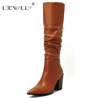 lsewilly 2021 hot sale knee high boots women high heels shoes pleated pointed toe autumn winter fashion long western boots lady