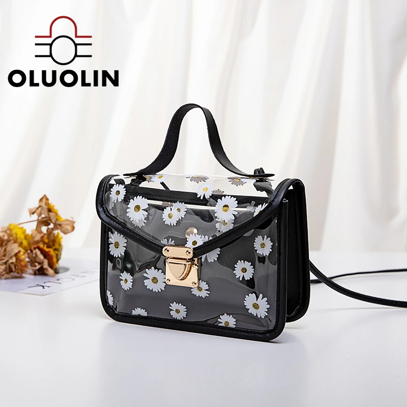 

Women Transparent Daisy Pattern Shoulder Bag Hardware Casual Lock Cover Chain Strap Color Block Messenger Handbag Composite Tote