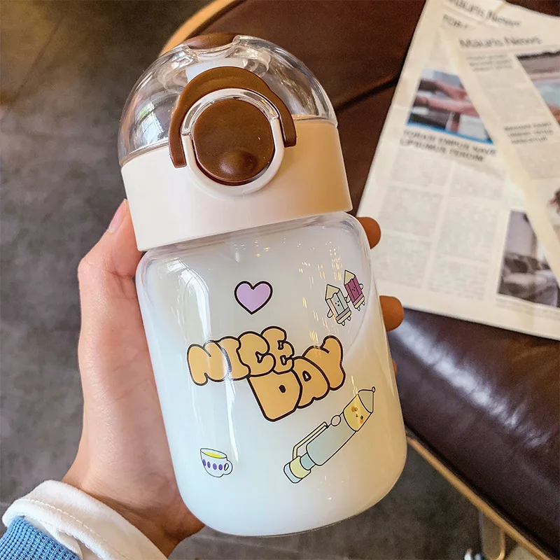 

Glass Coffee Water Bottle Cartoon Printing Children Glass Water Cup Small and Cute Handle Portable Pop Lid Water Cup Straw Cup