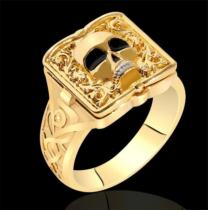 

Square Skull Carved Open Cap Small Secret Locket Pattern Dragons Rings For Men Party Jewelry Copper Punk Gold Silver Color Ring