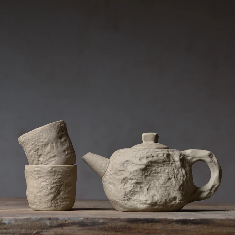 

Чайный горшок из твердого камня с имитацией камня, чайная чашка, один чайный горшок, две чайные чашки, каменная грязь, грубая керамика, ручной работы, керамический чайный набор, чайный набор
