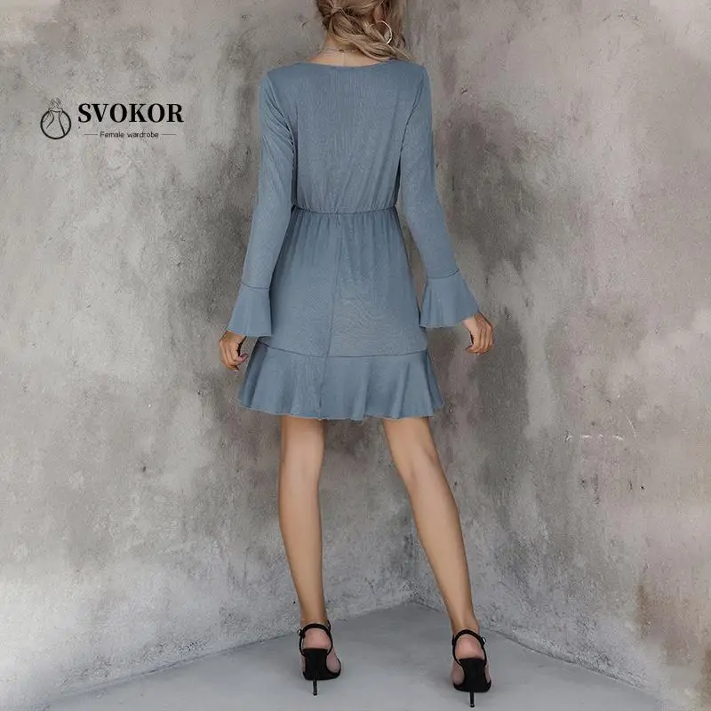 

SVOKOR V-neck Button Ruffles Women Dress Autumn Winter Dress Mini Casual Dresses Long Sleeve A-line Solid