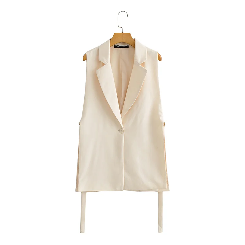

TRAF Women 2021 Fashion Solid Colorloose Side Slit Temperament Loose One-Button Suit Collar Sleeveless Vest Streetwear