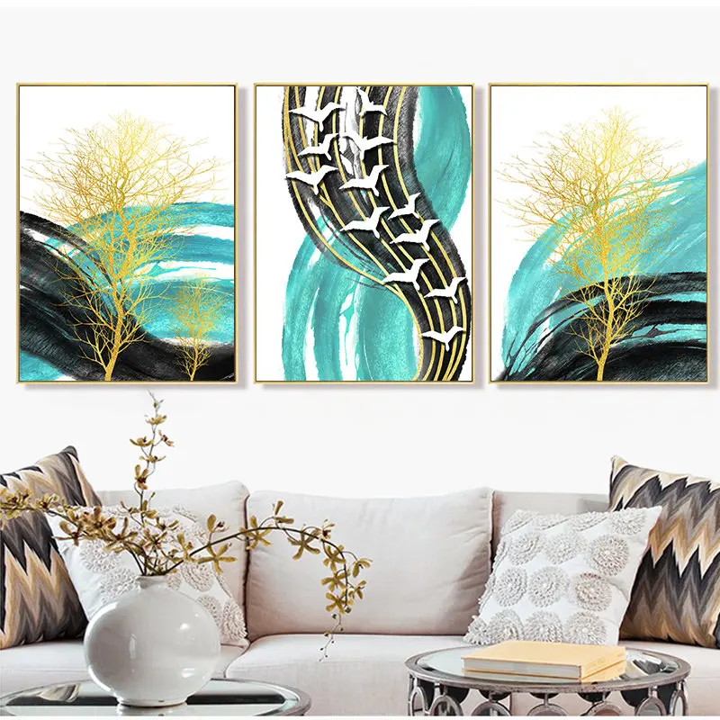 Абстрактный Синий Золотой дерево и Птицы Холст живопись цвет Spalsh постер принт