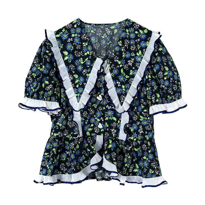 

2021 Short Sleeve Casual Shirt Women's Summer Floral Lotus Sleeve Blouses Female Dropshipping Plus Size Loose Chiffon Shirt Top