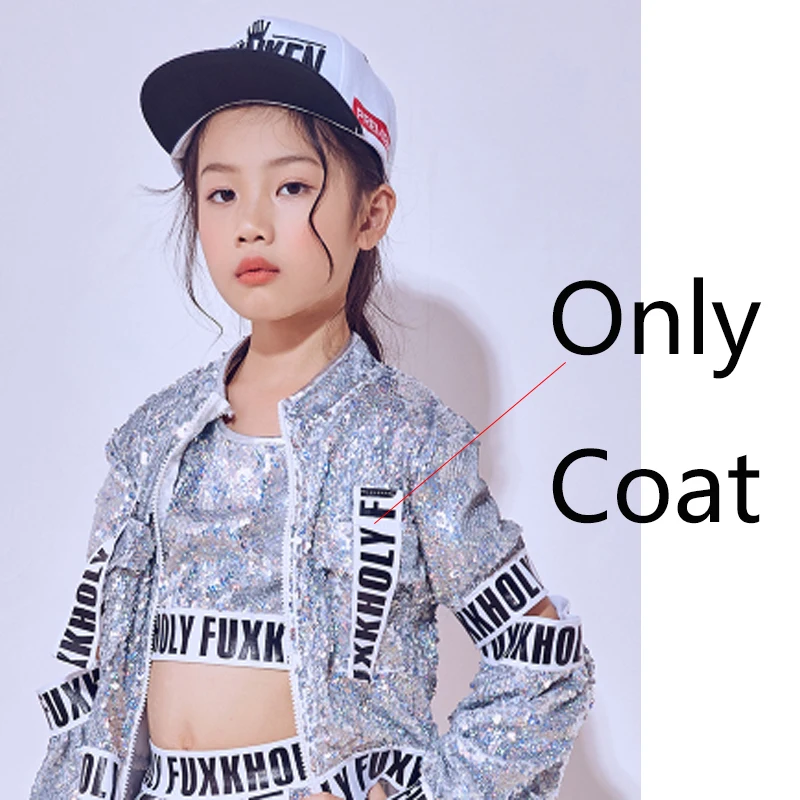 Silver Coat Танцевальный костюм в стиле хип-хоп; наряд с блестками для девочек; жилет; шорты; куртка; Детские костюмы в стиле джаз; одежда для уличных танцев; сценическое платье; DQI333 - Цвет: Silver Coat
