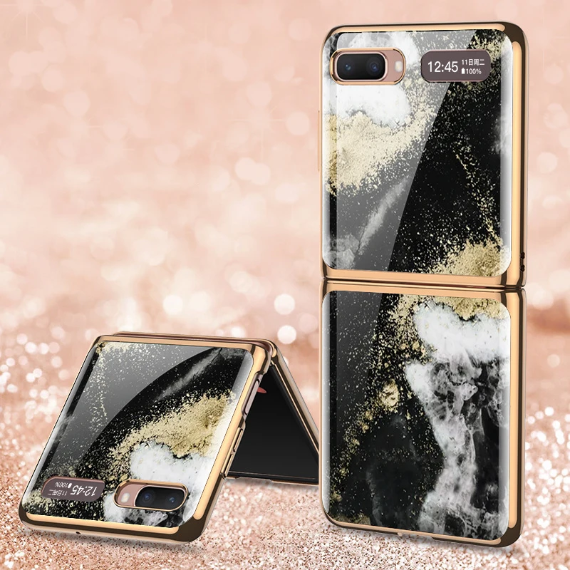 

Electroplate Frame Marble Case For Samsung Galaxy Z Flip 5G Case Tempered Glass Hard PC Protective Cover For Galaxy Z Flip