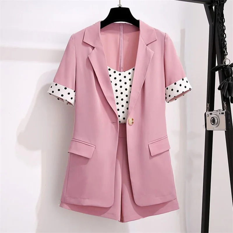 

Women Short Sleeve Blazer Shorts with Crop Tops Elegant Casual 3 Pieces Sets Classy Office Ladies Suits Female Pink Summer