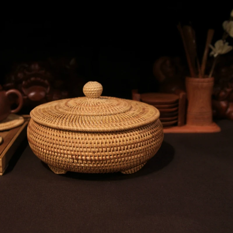 

Storage Basket Hand-Woven Rattan Woven with Cover Round Primary Color Chinese Jewelry Snacks Tea Set Storage Box
