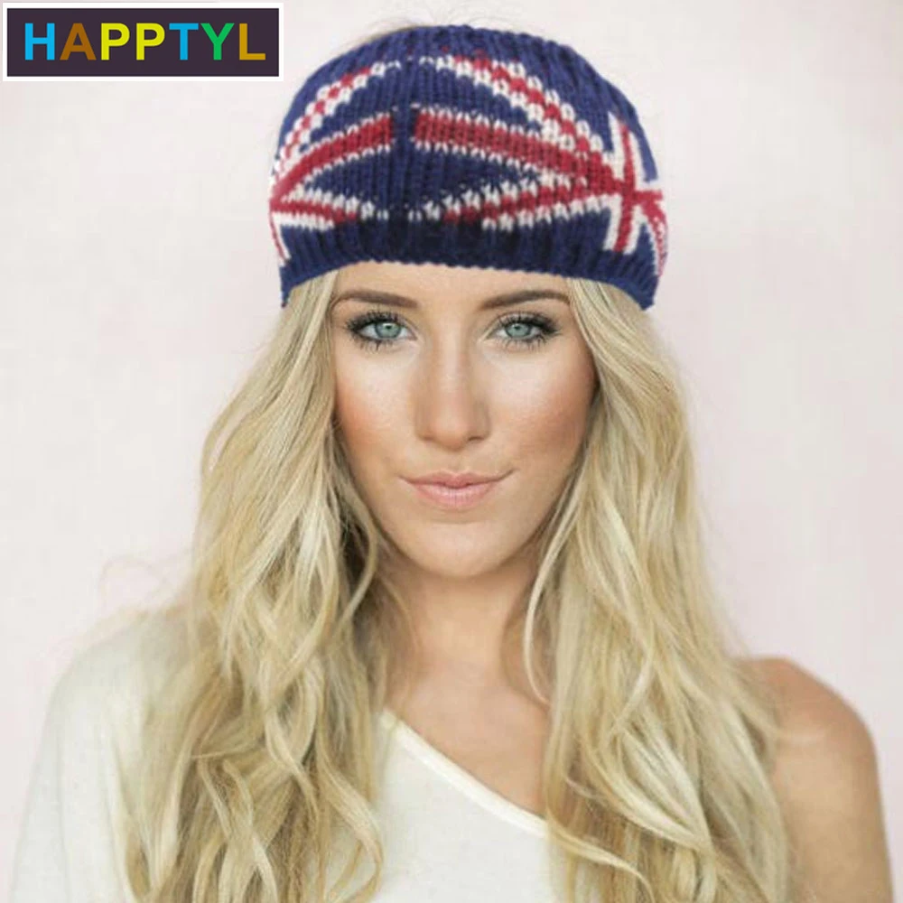 

HAPPTYL 1 шт. женская зимняя вязаная повязка на голову и повязка на голову шапка с английским флагом