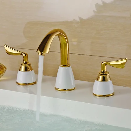 

bathroom equipme Faucets Polished Gold Brass Made Modern Bathroom Sink Faucet Double Handle 3 Hole Bath Basin Counter Mixer Taps