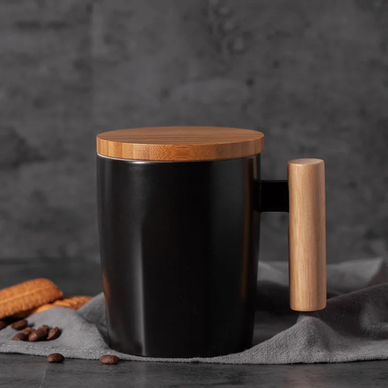 Керамическая чашка с деревянной ручкой 450 мл кружка для молочного кофе черная