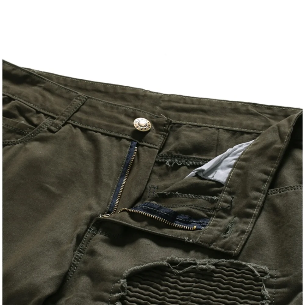 Summer  Army Green Stiletto Jeans Men's Ripped Holes Wrinkled Wave Stripes Decorated High Stretch Pants Slim Locomotive Frayed