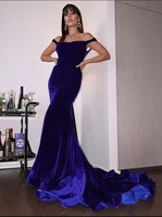 royal blue arabic mermaid evening dress off the shoulder ruffles velvet formal prom gowns robe de soiree vestidos